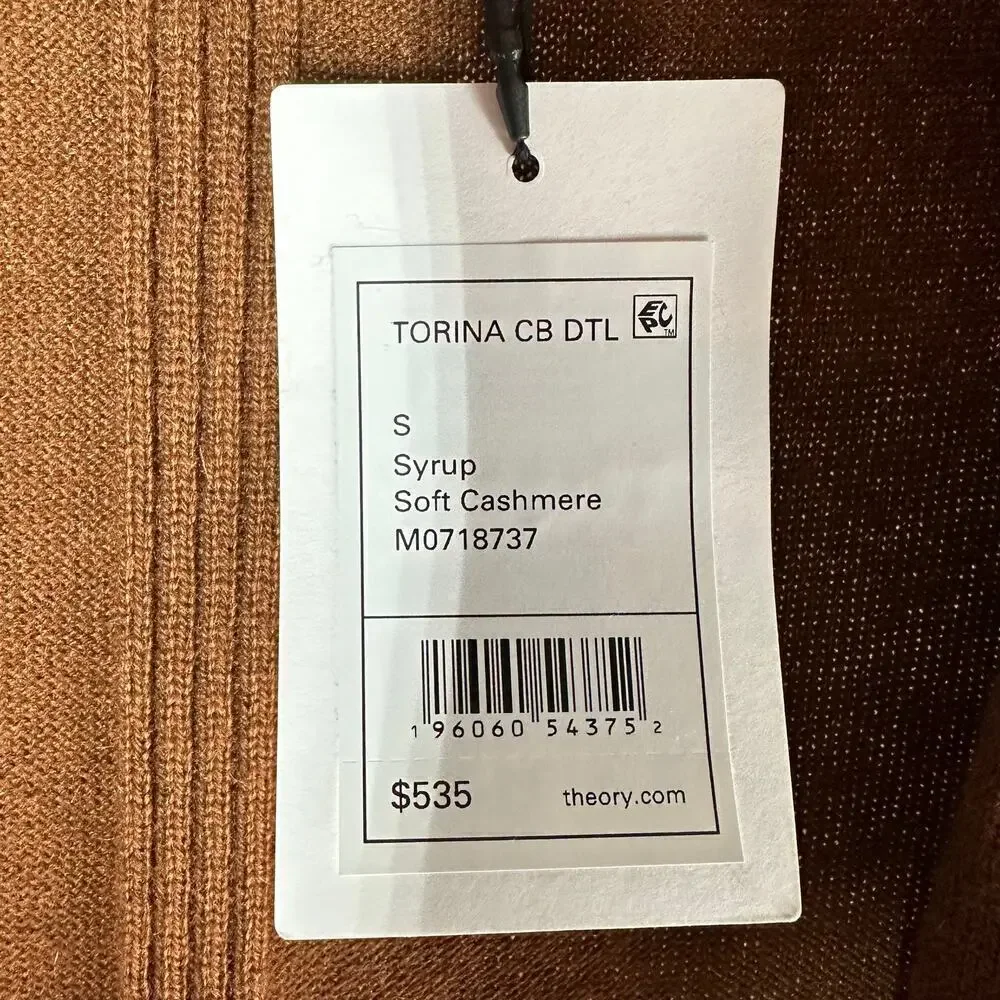 THEORY Torina Long Line 100% Cashmere Open Front Cardigan Syrup Small Neutral